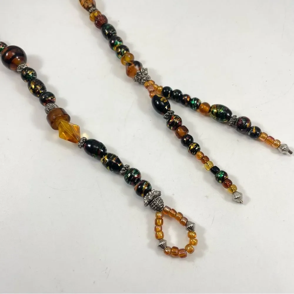 Stunning Necklace Yellow Green Black Glass Beaded Lariat Style Unsigned